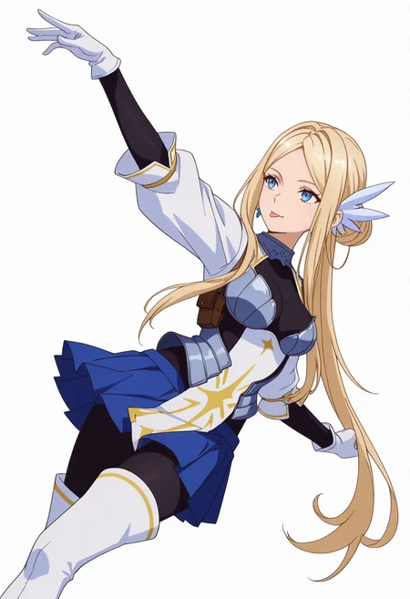 Smooth Quality,masterpiece,very intricate, high quality details, ultra realistic, high detailed skin,detailed enviorement,absurdres,
simple background, white background, dancing, solo,dynamic angle,
<lora:Krishna_CNR:0.8> krishna_cnr, 1girl,blonde hair,very long hair,single hair bun, sidelocks, parted bangs, blue eyes, breasts,white hair ornament, earrings,armor, breastplate, armored dress, blue skirt, pleated skirt,white gloves, black pantyhose,white thigh boots,, bored,, :p,