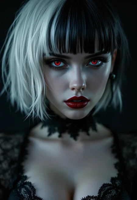 Photorealistic close up portrait of a young woman with striking features . She has a pale skin tone and striking black and white hair, with a bold, edgy style. Her hair is cut in a short, choppy manner with black roots and white tips, red eyes and deep red lips. Her pale skin is accentuated by the contrast of light hitting one side of her face, Her makeup is bold and dramatic, with dark eyeliner, mascara, leaving the other in shadow. lace choker, cleavage, corset, seductive, sultry, seductive, blending gothic elegance with a soft, vulnerable expression. The background is silhouetted, creating a dramatic and mysterious atmosphere <lora:aidmaFLuxPro1.1_v0.3:0.5> aidmafluxpro1.1