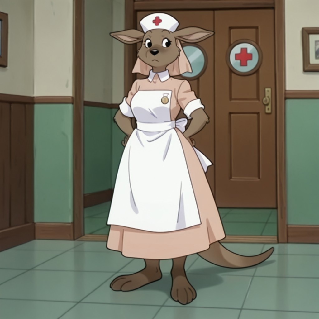 masterpiece, best quality, amazing quality, roonurseil, semi-anthro, female, kangaroo, brown fur, black eyes, pink dress, white trim, white apron, medal, white nurse cap, pink veil, red cross, standing, inside