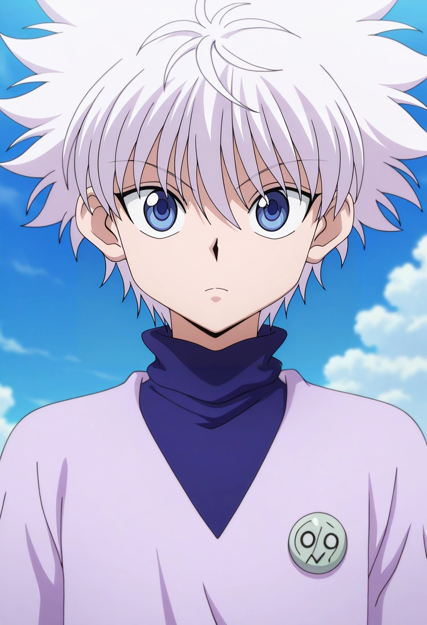 masterpiece, best quality, , anime screencap, , official style, , , 1boy, solo, male focus, <lora:killua_zoldyck_ilxl:0.98>, killua_zoldyck, white hair, blue eyes, short hair, spiked hair, bangs, messy hair, ,
