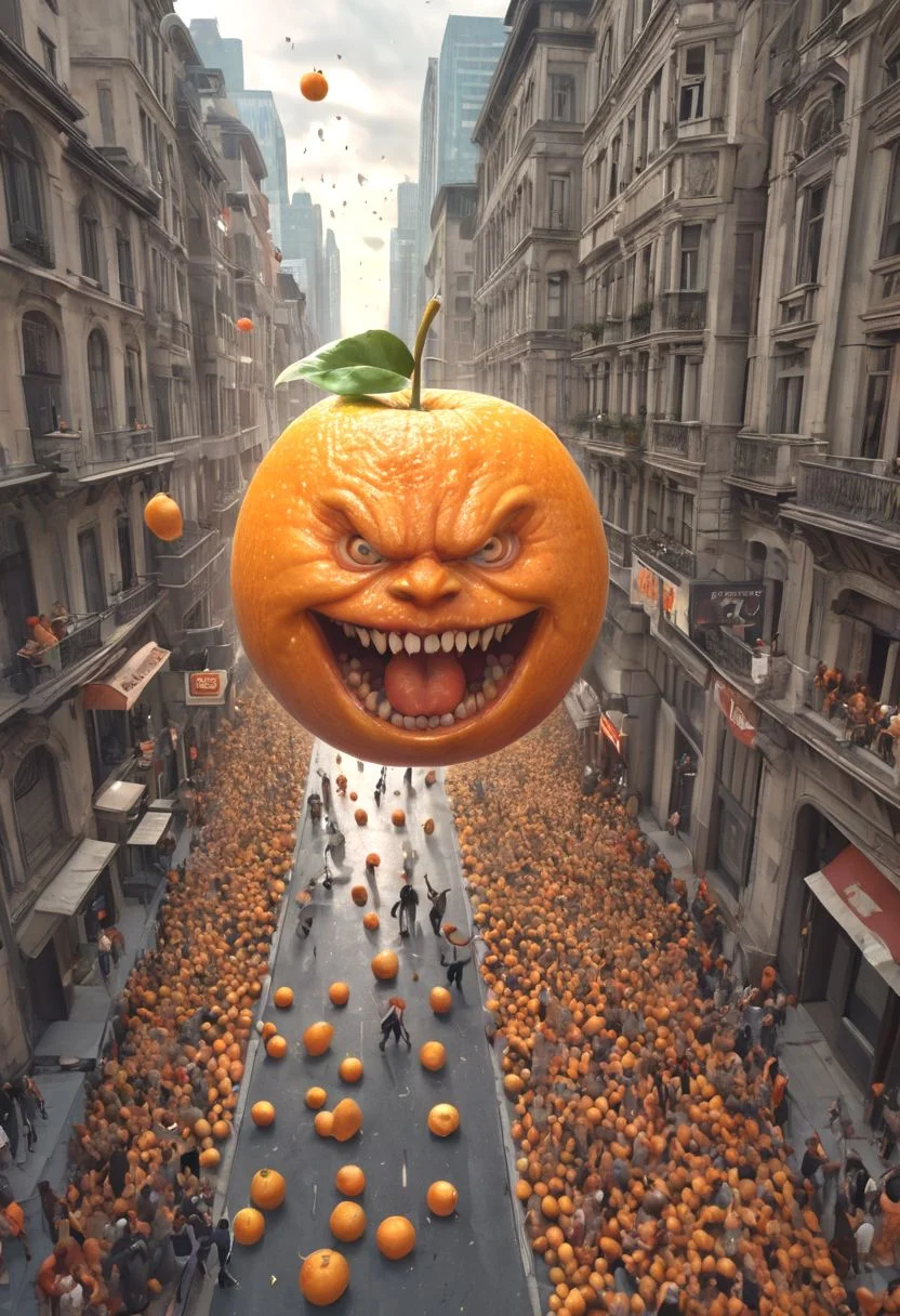 fantasy, horror fantasy, giantic orange fruit flying above city full of afraid people, pov of sidewalk, uhd 8k hyper-realistic intricate detail