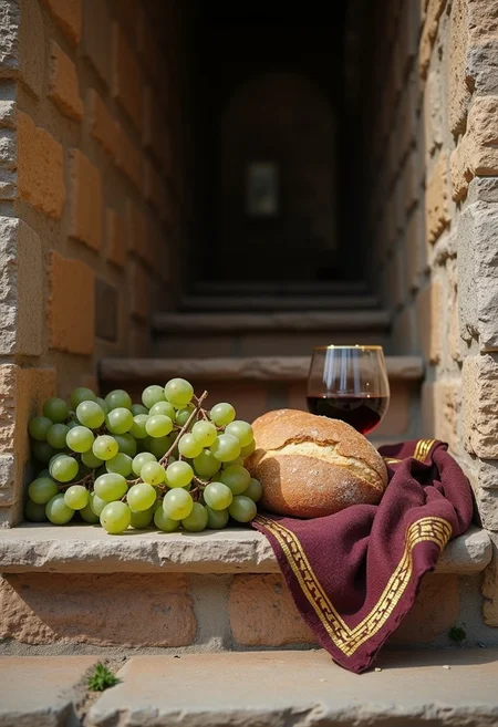 close-up. antiquity. still life on the stone steps of the stone tower of the castle. There is a bunch of green grapes and a loaf of bread on the steps. There is a goblet of wine next to it. There is a bard scarf with a gold border around it. Sing say La Lonja