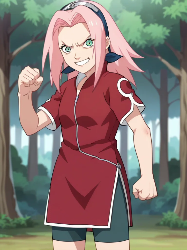 score_9, score_8_up,source_anime,
1girl, haruno sakura, pink hair, long hair, green eyes, red qipao, short sleeves, bike shorts,
clenched hands, solo, looking at viewer, angry, standing, smile, cowboy shot, outdoors, forest, anime screencap, anime coloring <lora:SakuraGeninXL:1>