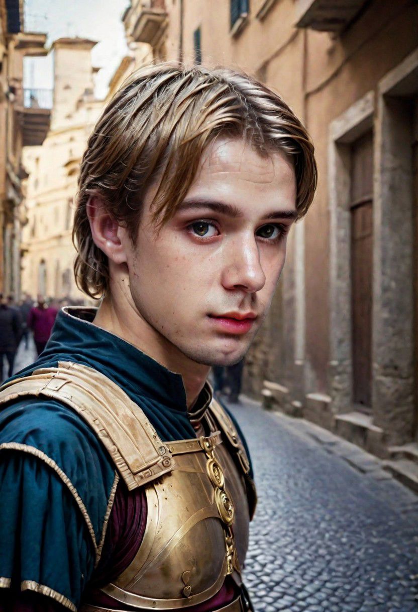 Portrait Photo a portrait, natural and hyperdetailed photography, a  man  in old of Rome, armor Star Wars
in street in city, realistic dark blonde hair, very detailed Clothes, (precise image:1.4) , pale skin,(many details in background)(cinematic ambient:1.4) (perfil:1.3)