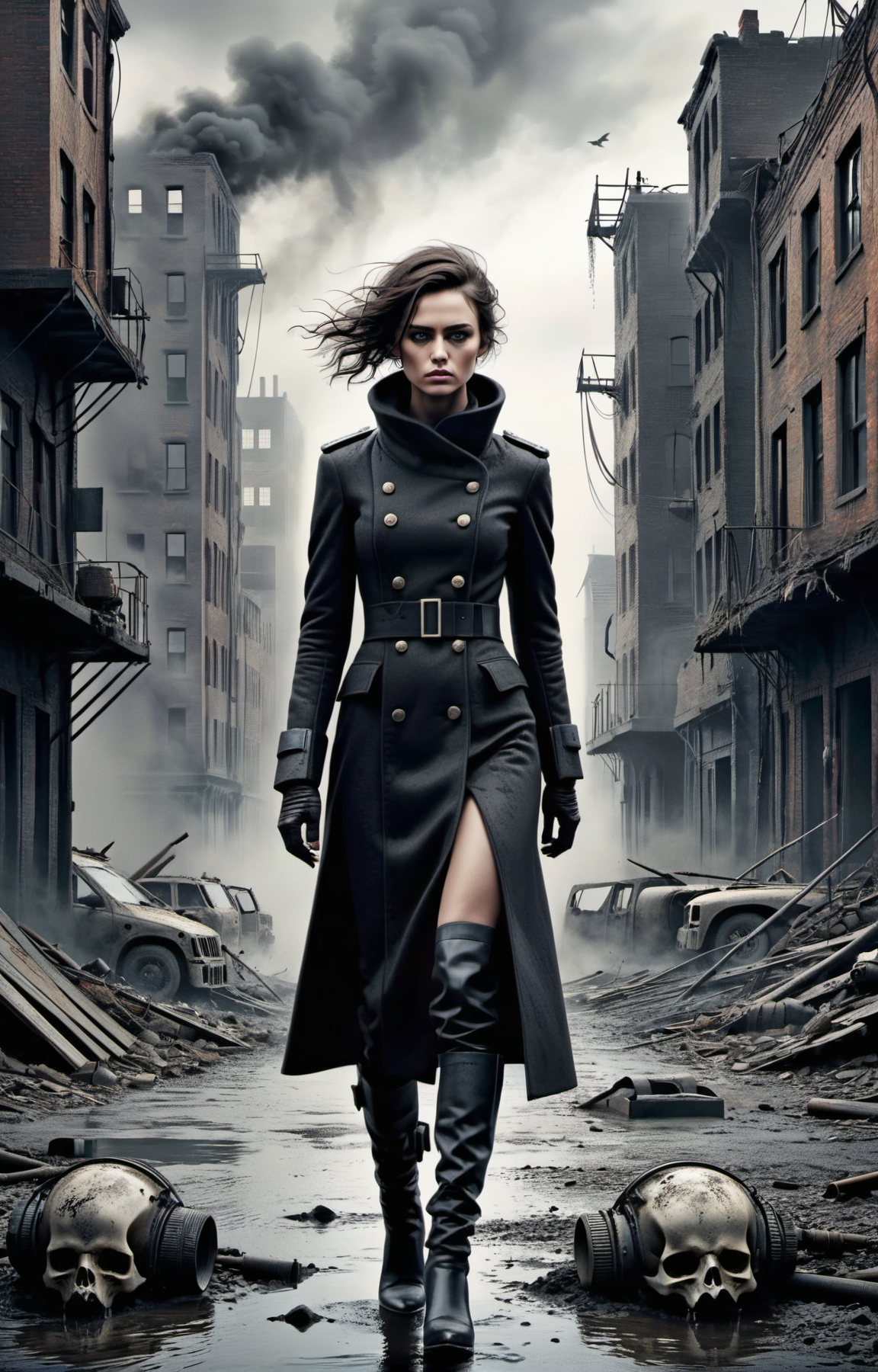 Dystopian style impress me by creating an award-winning photograph exploring an original and unconventional theme that captivates and amazes the viewer. Push boundaries of traditional concepts,infusing the image with creativity and wonder,leaving a lasting impression on those who behold it,32K,absurdres,intricately detailed, . Bleak, post-apocalyptic, somber, dramatic, highly detailed