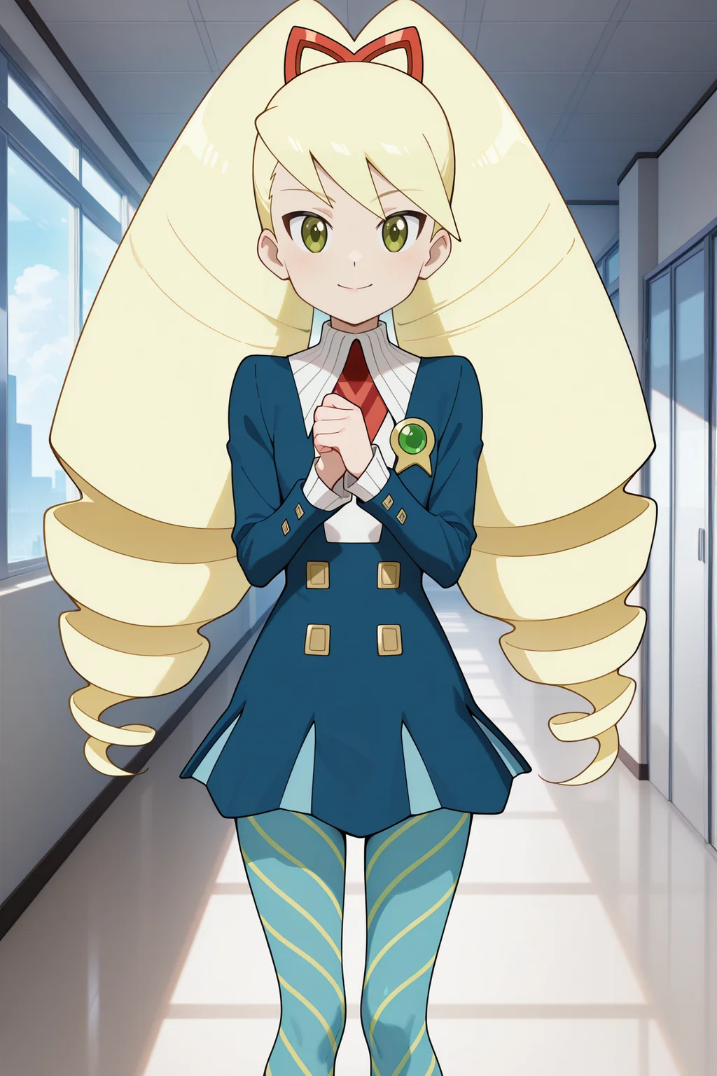 masterpiece, best quality, absurdres, highres, source anime, very aesthetic, very awa, BREAK, anime coloring, anime screencap,
<lora:luna_platz_mega_man_v1-illustrious:1>, 1girl, luna platz \(mega man\), mega man star force \(series\), green eyes, blonde hair, twin drills,
echo ridge school uniform, dress, blue pantyhose, striped pantyhose,
BREAK, looking at viewer, smile,
BREAK,