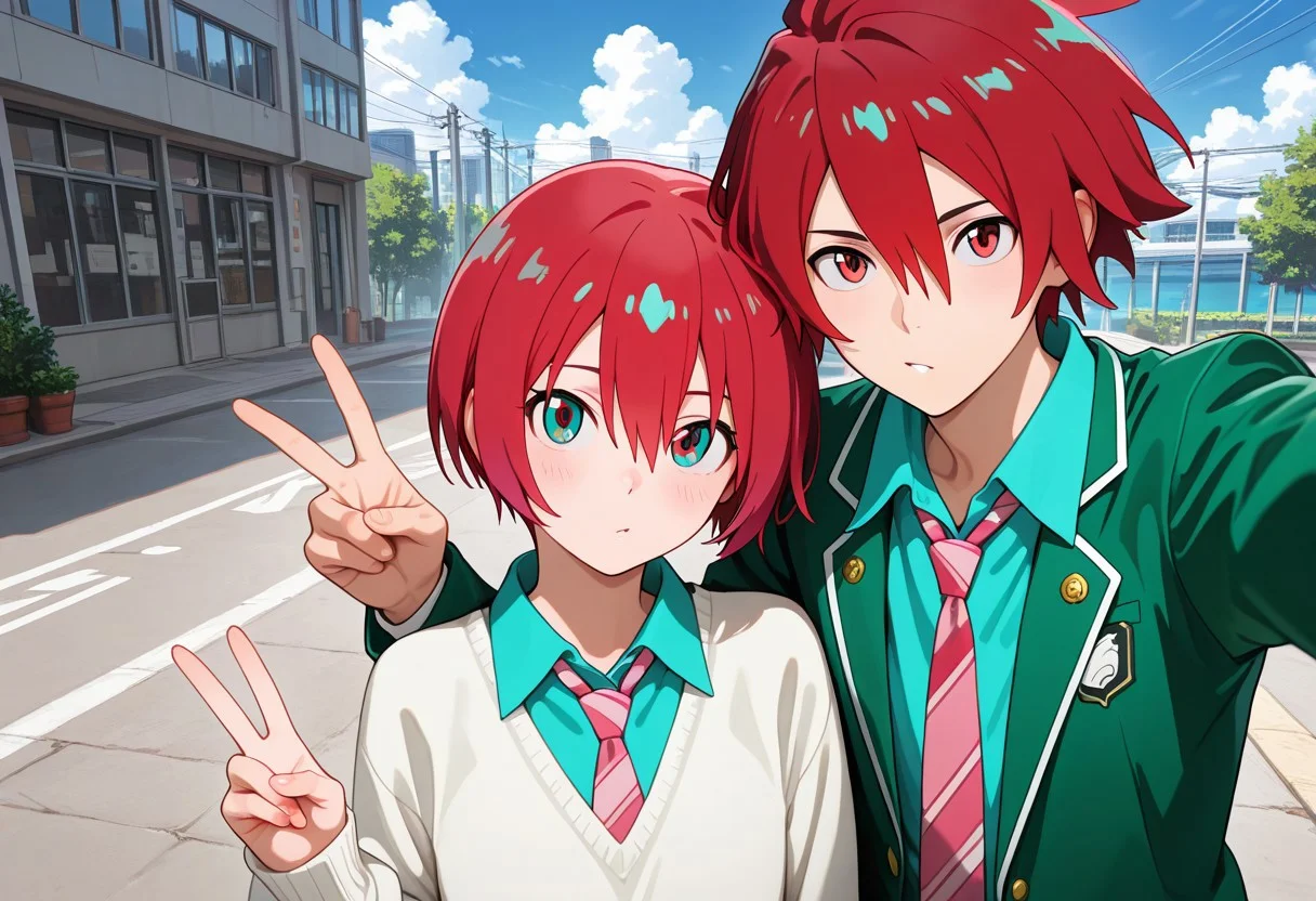 masterpiece, best quality, amazing quality, absurdres, newest, detailed background, definition so sharp, Ultra-HD, 8K cinematic, very awa, impressionate, amazing quality, highres,
duo, couple focus, different high, different size, side by side, v, selfie, upper body, day, blue sky, outdoor,
BREAK
(1boy, kagayakibishounen, takuto_red eyes, takuto,red hair, short hair, takuto_school uniform, green blazer, white collared shirt, pink tie),
BREAK
(1girl, amate yuzuriha,aqua shirt,striped necktie,white sweater,),