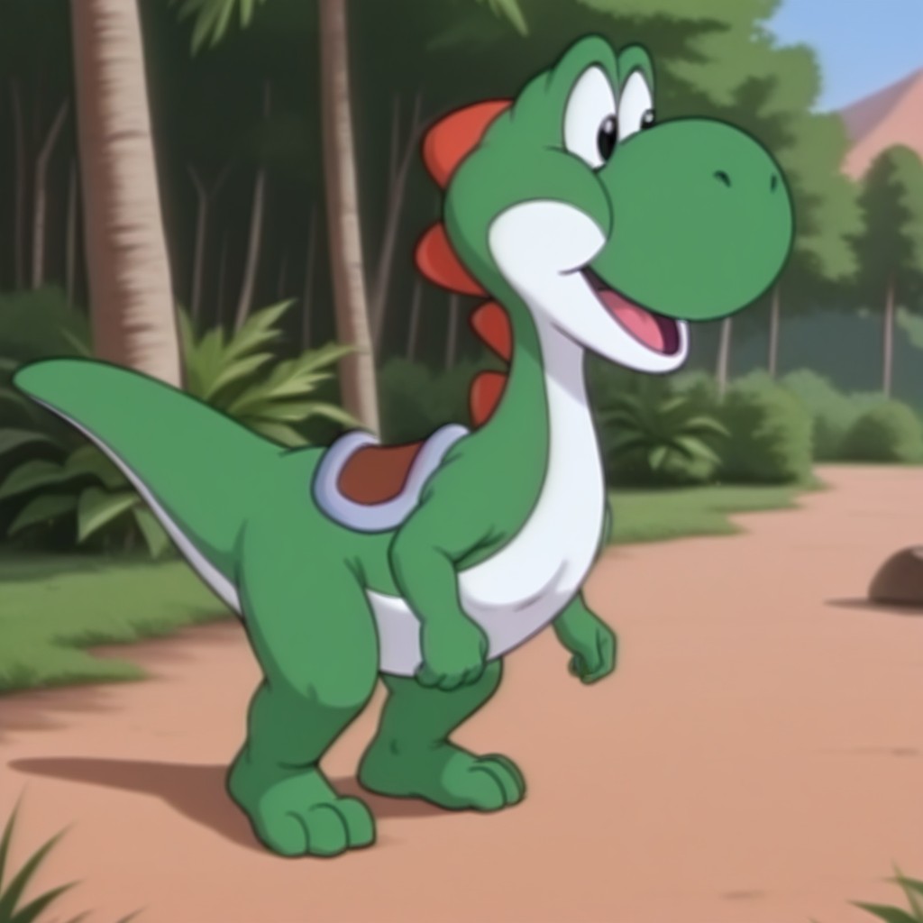 masterpiece, best quality, amazing quality, YoshiSMWil, feral, male, dinosaur, green skin, black eyes, barefoot, outside, standing, <lora:13cc8cd9-a879-4f80-9159-7800ca5aaf7f:1.0>