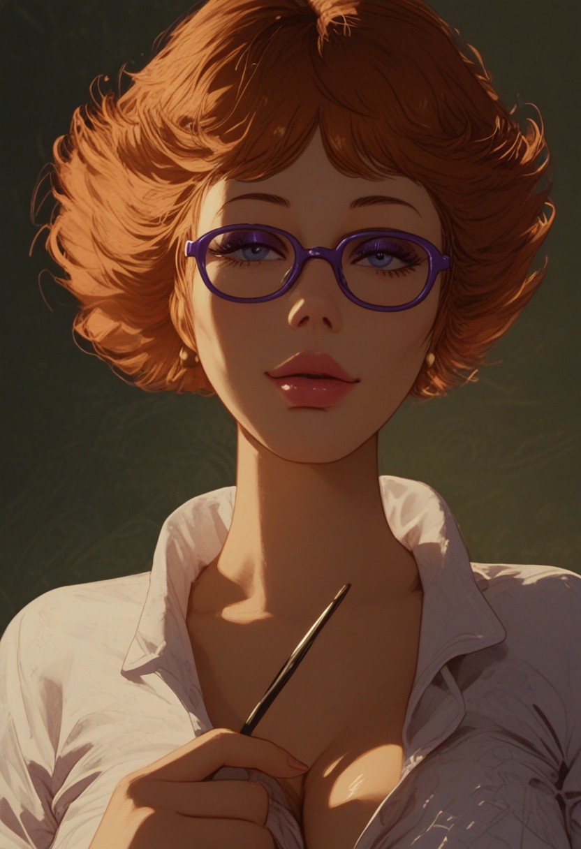 score_9, score_8_up, score_7_up, concept art, digital art, realistic, best quality, high detailed, high quality, masterpiece, no text, quality highlights, 8k detail, detailed background, ultra-detailed, BREAK Rating_explicit,anime coloring, gloria_hm, 1girl, solo, brown hair, cleavage, lipstick, large breasts, jewelry,  earrings, glasses, holding, blue eyes, purple eyes, upper body, parted lips, white shirt, smile