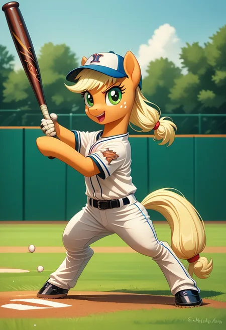 EnD_Niji_Sports, source_pony, AppleJack playing baseball,  baseball cap, sportswear, white pants, baseball bat, baseball, baseball uniform, holding baseball bat, BREAK PonyXLV6_Scores