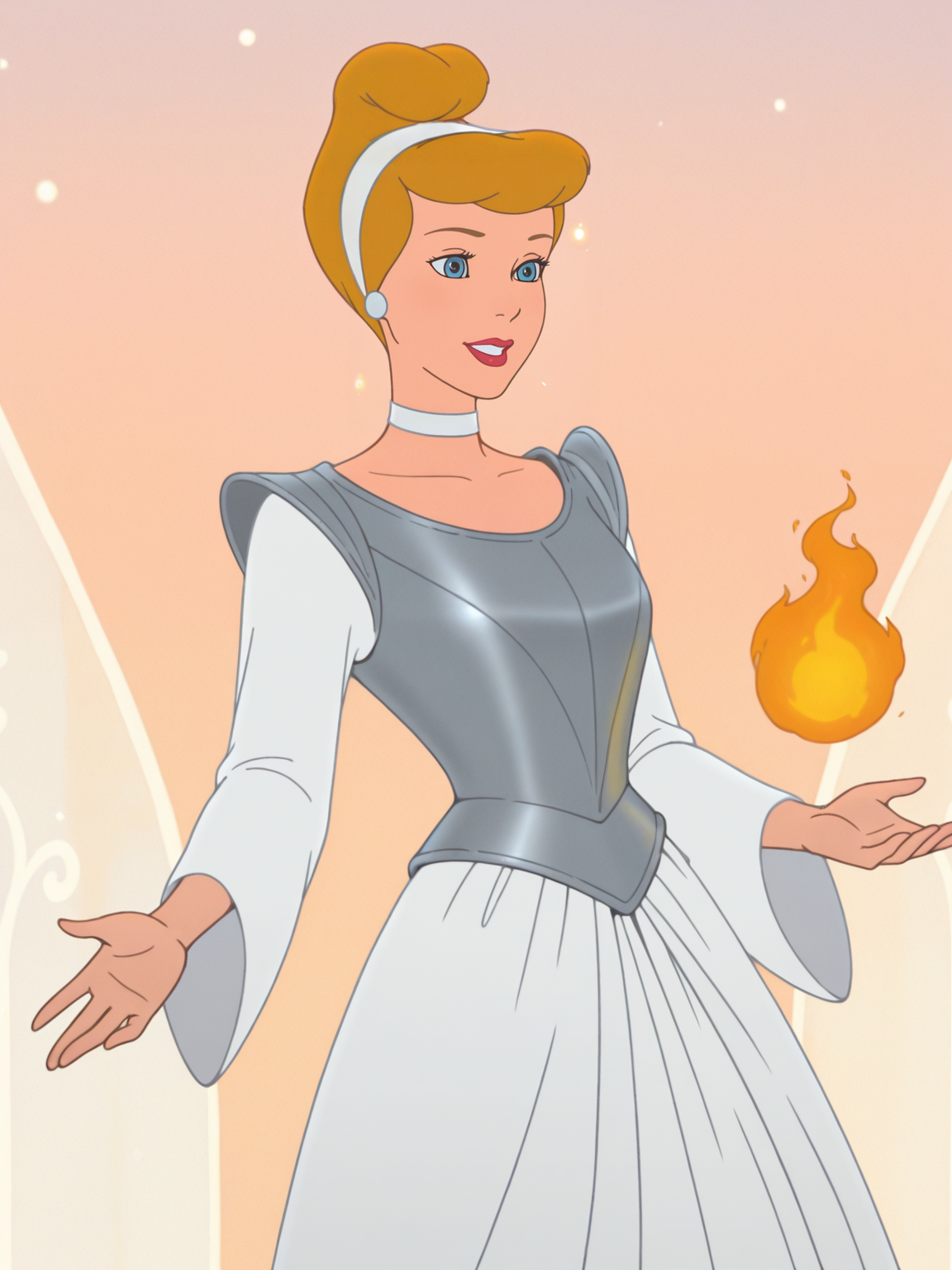 <lora:SinderellaIL:0.7> si_la, 1girl, fair skin, pink lips, blue eyes, golden blonde hair, bangs, French twist hair with white band over, white diamond earrings, white choker around neck,
magic, magic robe, steel armor,glowing liens, fireball, action, glowing background, magic background
