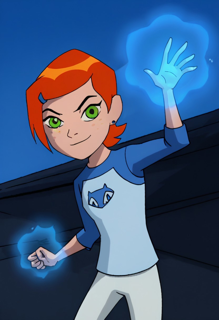 gwen_omniverse,1girl,solo,orange hair,short hair,green eyes,freckless,blue shirt,raglan sleevs,smile,closed mouth,white pants,,smile,blue sky,,blue_aura,magic,figting pose,glowing hands,energy ball,closed mouth