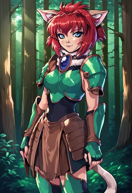marinbravesoul, 1girl, solo, standing, blue eyes, full body shot, cat ears, cat tail, red hair, green armor, brown skirt, fur chocker, forest, brown boots, looking at viewer, <lora:shadman_style_v4:0.9>, <lora:MarinBraveSoulPonyV3_B1_Warm:0.95>, score_9, score_8_up, score_7_up,