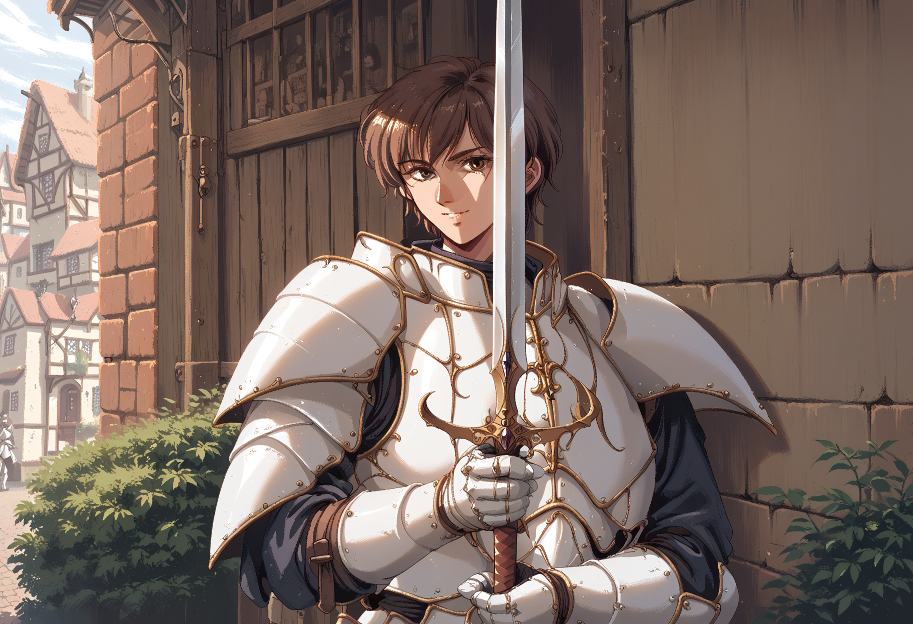 score_9,score_8_up,score_7_up,  game_cg, 1boy, solo, short hair, knight, armor, white armor, brown eyes, brown hair, <lora:Oono-Tsutomu-Style:1>, upper body, holding sword, sword, scabbard, medieval town, looking at viewer, light smile, outdoors, street