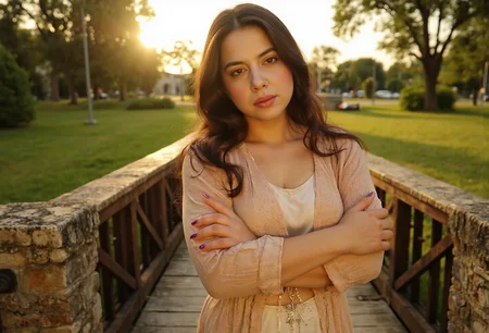 photograph of (a very beautiful and sexy woman posing on a bridge in a park), (capture the essence of an alluring figure as she stands elegantly upon the wooden planks that span across, supported by sturdy stone abutments, the setting sun bathes her form with warm golden hues while casting elongated shadows behind her on the verdant grass below,), (elevated), (glamorous, sensual portraiture, art nouveau influence for flowing lines and organic shapes around her form, high contrast to emphasize beauty,), (the woman's face exudes confidence with an enigm0nous smile playing on the lips as eyes sparkle mischievously, hinting at a playful spirit within, luxurious fabrics drape gracefully over her form - silk blouse and flowy skirt or dress,), (softly diffused natural light from an overhead setting sun creates deep shadows with highlights accentuating the curvature of her body, suggesting volume without harshness, warm golden tones illuminate skin tone adding to sensual appeal,), (the park is alive around us - rustling leaves in gentle breezes whisper through tall trees lining both sides of the bridge providing a natural canopy overhead while wildflowers add splashes of color, and distant city lights begin their nightly glow,), ((high quality:1.4), (best quality:1.4), (masterpiece:1.4), (8k resolution), (2k wallpaper)), (raw photo, best quality), (realistic, photo-realistic:1.2), (bokeh, cinematic shot, dynamic composition, incredibly detailed, sharpen, details, intricate detail, professional lighting, film lighting, 35mm, anamorphic, lightroom, cinematography, bokeh, lens flare, film grain, hdr10, 8k). expansive panoramic composition. during bright mid-morning. incorporating visible light sources within the scene. shot on phase one xf iq4 150mp, full body, ([indian:czech:0.5] woman 36-years-old :1.15), voluptuous, (hazel eyes:1.05), (purple lips:1.05), peaceful, (long straight hair style:1.05), (multicolored hair color:1.05), (long hair length:1.05), natural skin, (detailed skin:1.4), (skin pores:1.2), (skin imperfections:1.02), (freckles:1.25), (eyes details:1.19), (iris details:1.19), (bohemian makeup:1.05), (multicolored make-up color:1.05), (eyeshadow make-up:1.05), (eyeliner make-up:1.05), (mascara make-up:1.05), (blush make-up:1.05), (lipstick make-up:1.05), (lip gloss make-up:1.05), (glamour pose:1.25), cinematic lighting light, fashion photography, hdr look, (professional photo, balanced photo, balanced exposure:1.2)