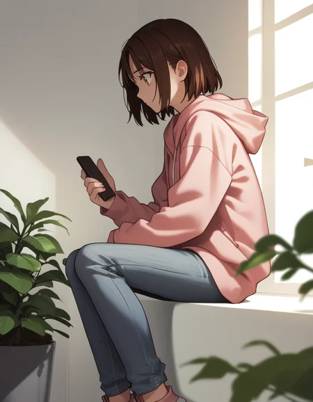 score_9, score_8_up, score_7_up, source_anime
<lora:ayako-ponyxl-000035:1> mitsuzuri, brown hair, hoodie, pink hoodie, jeans,
1girl, sitting, from side, looking at phone, worried, plants, volumetric lighting, cinematic lighting
