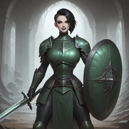 score_9, score_8_up, score_7_up, woman, goth, green eyes, short hair, undercut hair, black hair, looking at the viewer, dynamic pose, blurred background, smile, green armor, massive armor, lips closed, gauntlet, holding a shield, massive green shield, massive shield on right arm, massive shield, black lipstick, wielding a sword, holding sword handle, bhands, thumb over fingers, four knuckles, sword and shield, perfection, gauntlets,