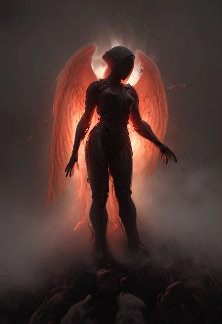 Dark luminous translucent Wings, Above the Clouds Loosing feathers, floating feathers, subsurface scattering, Capture the dystopian spectacle of female Icarus ascending too close to the sun, seen from below. Witness her wings, illuminated by the piercing light of a Blood moon, shedding feathers as they struggle against the inevitable descent. 
subsurface scattering, Angel Icarus LiS_Robot By tim burton with Large vanta black spreaded  Wings, large hooded Cape, liminal space cloud, Neon translucent Soundwaves visible on the face,
atmospheric haze, Film grain, cinematic film still, shallow depth of field, highly detailed, high budget, cinemascope, moody, epic, OverallDetail, 2000s vintage RAW photo, photorealistic, candid camera, color graded cinematic, atmospheric lighting, imperfections, natural, shallow dof