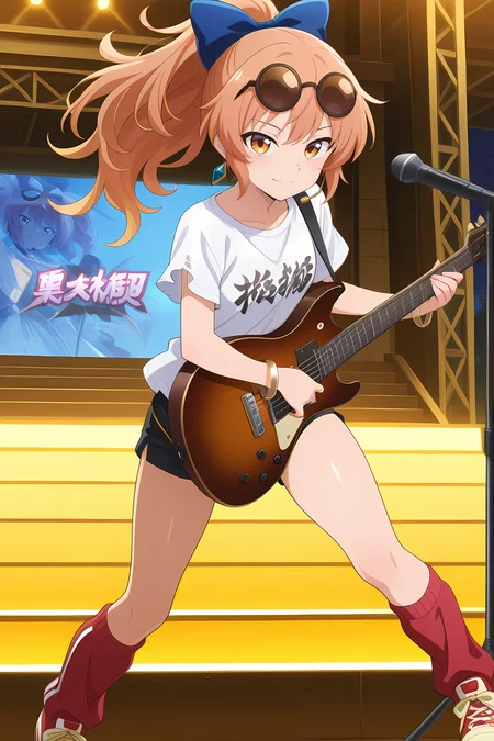 absurdres, highres, masterpiece, best quality, amazing quality, official anime artwork, screencap, anime screencap, outdoors, light smile, looking at viewer, dynamic pose, stage, playing guitar, 
<lora:Yorigami-Joon_Illustrious:1> yorigami jo'on, 1girl, solo, orange eyes, orange hair, alternate hairstyle, long hair, ponytail,, alternate costume, eyewear on head, asymmetrical eyewear, hair bow, blue bow, white shirt,  short sleeves, torn sleeves, clothes writing, red leg warmers, short shorts, black shorts, sneakers, thighs, torn clothes, headset, microphone stand, guitar,