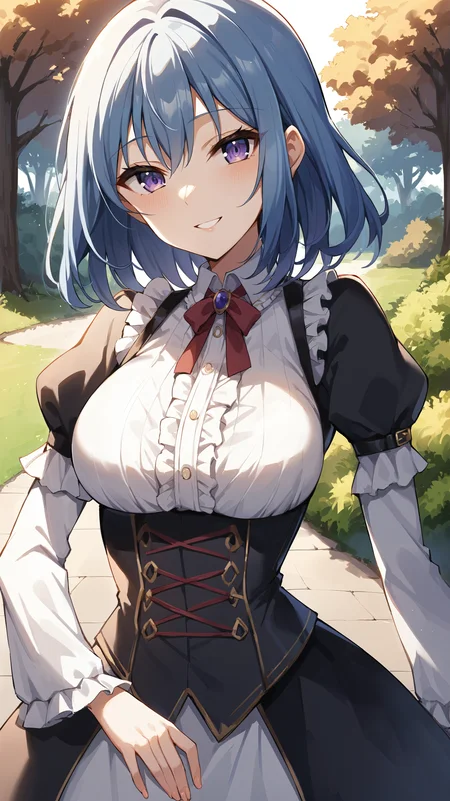 score_9,score_8_up,score_7_up,score_6_up, source_anime, zPDXL3, <lora:xl_more_art-full_v1:0.5>, woman, dynamic pose,, black dress, black corset, white sleeves, frilled dress, blue hair, purple eyes, medium hair, red ribbon, <lora:Eris - Pony_v2-000004:0.8>, seductive smile, park,