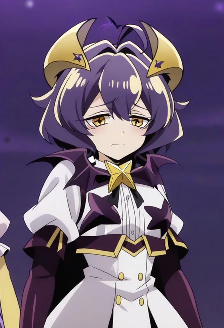 source_anime <lora:GushingoverMagicalGirlsSet1:0.8>, MagiaBaiser, short hair, yellow eyes, ahoge, purple hair, magical girl, showgirl skirt, black nails, low wings, cross-shaped pupils, yellow horns, star pasties,,, ,,, , , ,,,, ,,, , ,,,,,,,, anime coloring,anime screencap, 1girl,Solo ,, anime,official art,,Uncensored ,Unedited ,,,,,,,,