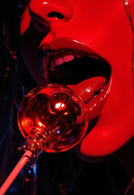 This is a hyper-realistic photograph featuring a close-up of a person’s lips, captured under a bold, red filter that heightens the dramatic effect. The focus is on the full, slightly parted lips, revealing a tongue extended toward a large, spherical lollipop. The lollipop, slightly transparent, glistens with a glossy, smooth texture, and its edges are slightly blurred as the light passes through, giving it a delicate yet seductive look. The lollipop is held by the stick, visible on the left side of the image, and its semi-transparency creates a mesmerizing effect, contrasting with the rich, saturated tones of the lips. The lips have a moisturized sheen, and the tongue touches the lollipop in a provocative manner. The dark, blurred background directs the attention solely to the lips and lollipop, while the high-contrast lighting intensifies the scene, enhancing the vivid red of the filter. The overall composition evokes sensuality and boldness, blending pop art with fashion photography in a striking visual statement. HD, 8K quality, ultra-detailed, masterpiece artwork, flawless textures.