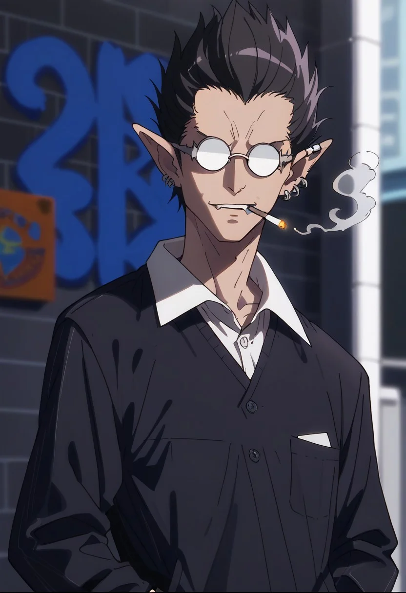 score_9, score_8_up, score_7_up, source_anime, rating_safe, smoking, DemiurgeOL, (black_Demiurge_hair), opaque_Demiurge_glasses, grey_Demiurge_piercings 1boy, male focus, anime screencap, casual clothes, head tilt, mouth hold, hands in pockets, blurry graffiti, flat color, dark theme, sinozick style