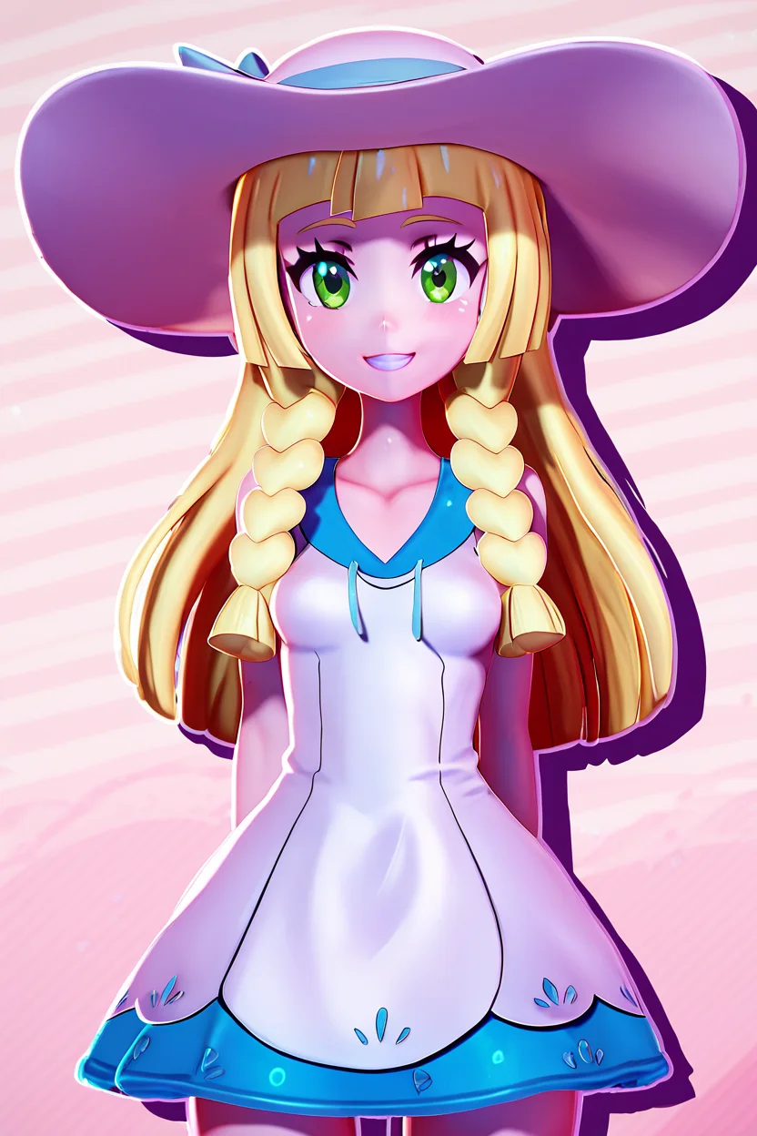 score_9, score_8_up, score_8, medium breasts, (curvy), cute, eyelashes, BREAK, , BREAK, zzlillie, long hair, braid, sun hat, white headwear, collarbone, sleeveless dress, white dress, <lora:Lillie_PonyXL:0.8>,, <lora:Zy0n7_PDXL:1.0>, , BREAK, smile, looking at viewer, cowboy shot, embedding:zPDXL, Expressiveh, <lora:SDXLFaeTastic2400:0.5>, <lora:Expressive_H-000001:0.4>,