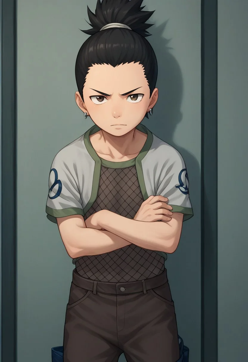 score_9, score_8_up, score_7_up, highly detailed, cute boy, 1boy, solo, young, Shikamaru_Nara, Brown Eyes, Black Hair, Ponytail, Earrings, Fishnet Shirt, Brown Pants,