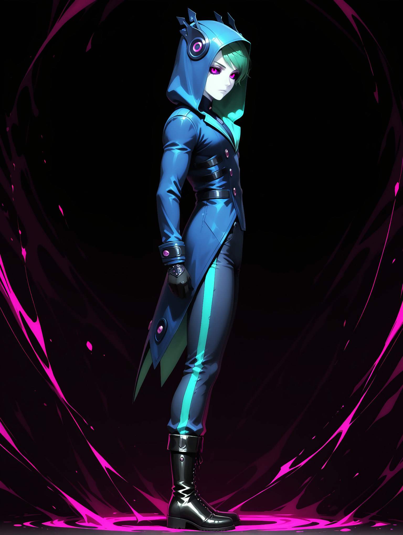 masterpiece, very aesthetic, best quality, solo, amazing quality, 25 years old, fit body, male, imtdargos, standing, evil, expressionless, looking at viewer, from side, 1boy, hood, green hair, colored skin, short hair, hood up, gloves, colored sclera, pink eyes, purple eyes, bangs, black gloves, boots, buttons, long sleeves, pants, swept bangs, abstract background, dark background, dreamlike background
