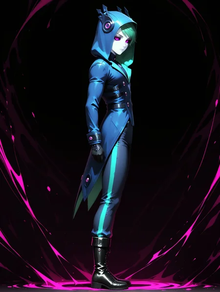 masterpiece, very aesthetic, best quality, solo, amazing quality, 25 years old, fit body, male, imtdargos, standing, evil, expressionless, looking at viewer, from side, 1boy, hood, green hair, colored skin, short hair, hood up, gloves, colored sclera, pink eyes, purple eyes, bangs, black gloves, boots, buttons, long sleeves, pants, swept bangs, abstract background, dark background, dreamlike background

