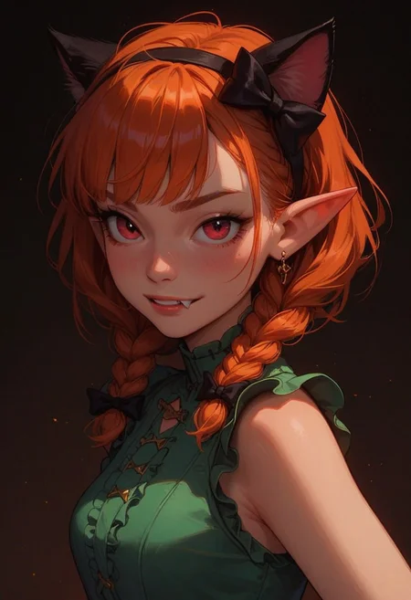 score_9_up, score_8_up, score_7_up, score_6_up, 1girl, 25 years old, perfect face, cute, petite,
red eyes,
ginger hair, cat ears, braid, twin braids, fang, hair bow, pointy ears, fang,
black bow, green dress, frilled dress, frills
DreamArt,