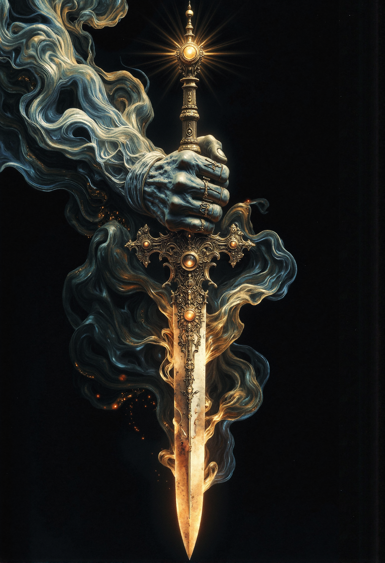 Cursed sword, black smoke, skeletal hand, glowing runes, pulsing dark energy <lora:frazetta_flux_v2-000150.safetensors:0.5>,  <lora:Flux_-_Renaissance_art_style.safetensors:0.15>, <lora:ancient.safetensors:0.3>, <lora:Elden_Ring_-_Yoshitaka_Amano.safetensors:1.0>,    <lora:aiai-Glimra-Flux-Dev-v2.safetensors:0.5>,  <lora:ARTifacts.safetensors:0.5>,  <lora:Movie_Portrait.safetensors:0.5>,  <lora:- Flux1 - soothing_atmo_V2.0.safetensors:0.2>,  <lora:lith_mimosa_kiel_grw134_FLUX.safetensors:0.4>,