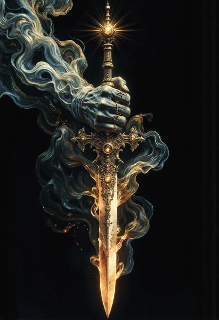 Cursed sword, black smoke, skeletal hand, glowing runes, pulsing dark energy <lora:frazetta_flux_v2-000150.safetensors:0.5>, <lora:Flux_-_Renaissance_art_style.safetensors:0.15>, <lora:ancient.safetensors:0.3>, <lora:Elden_Ring_-_Yoshitaka_Amano.safetensors:1.0>, <lora:aiai-Glimra-Flux-Dev-v2.safetensors:0.5>, <lora:ARTifacts.safetensors:0.5>, <lora:Movie_Portrait.safetensors:0.5>, <lora:- Flux1 - soothing_atmo_V2.0.safetensors:0.2>, <lora:lith_mimosa_kiel_grw134_FLUX.safetensors:0.4>,