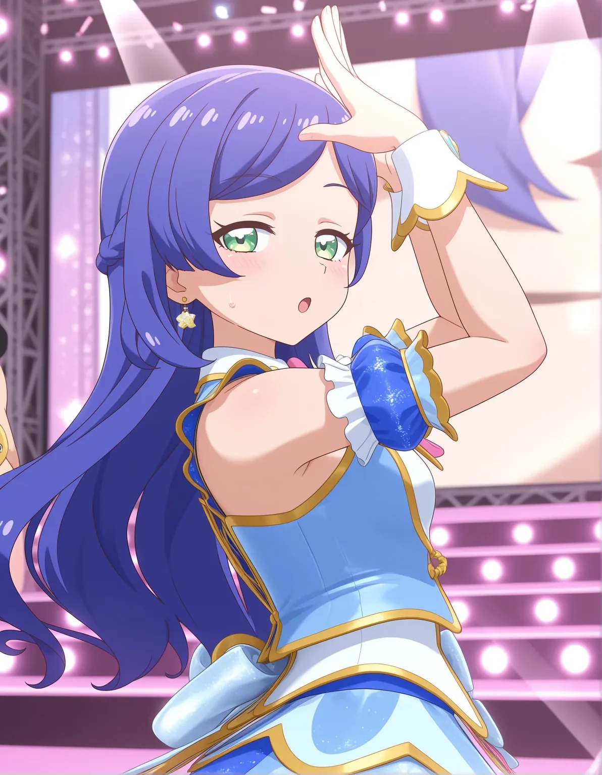 1girl, kiratto pri chan, 
solo, anime coloring, interest, from side, (stage:1.3), (concert:1.3), dancing, half-closed eyes, aobarinka3d, (3d:1.1), blue hair, long hair, asymmetrical bangs, green eyes, small breasts, idol clothes, looking at viewer, earrings, light rays, screen zoom, jewelry, blush, indoors, blunt ends, :o, standing, open mouth, sidelocks, breasts, blurry, stage lights, sweatdrop, idol, upper body, hoshino ai's pose, depth of field,
best quality, very aesthetic, newest, masterpiece, absurdres, highres, anime screenshot, safe
 <lora:il-prichan-rinka1.0:1>