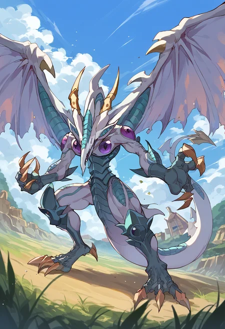 score_9,score_8_up,score_7_up,source_anime,zPDXL3,savanna landscape
*//*,<lora:StardustDragon_Pony:1>,stardustdragon_ygo,no humans,solo,duel monster,dragon,wings,tail,claws,horns,dirty body,
*//*,looking at viewer,cowboy shot,dutch angle,