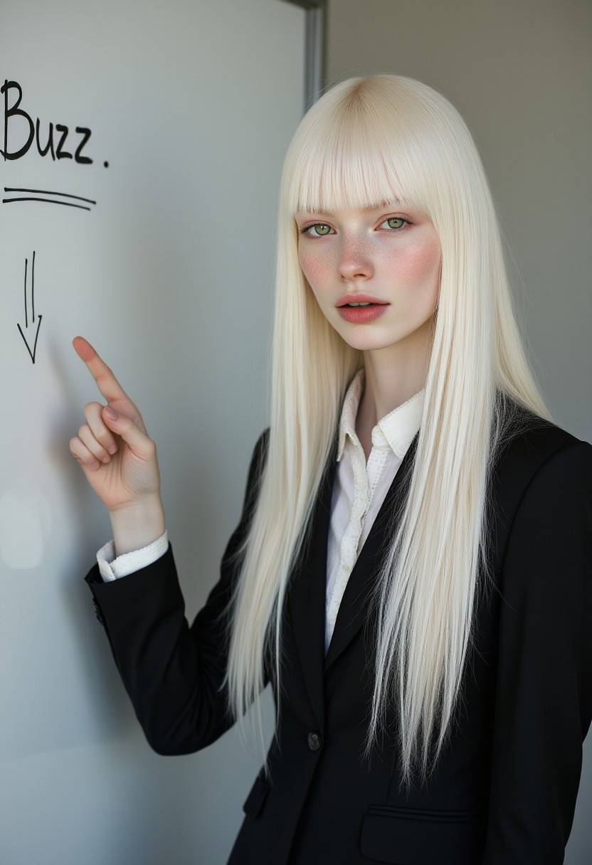 FictionalFiona, long white hair, green eyes, blunt bangs. In a three piece suit in an office.Sad face. Pointing at a whiteboard with a downward trend and the text "Buzz"