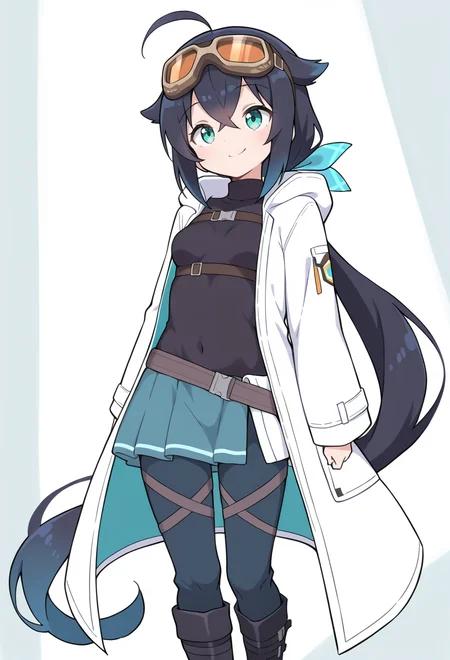 masterpiece, best quality, high quality, anime, solo, <lora:Bubukka_IllXL:1>, smile, 1girl, teal eyes, (black hair:1.2), low ponytail, ahoge, absurdly long hair, hair flaps, hair between eyes, crossed bangs, small breasts, (goggles on head:1.2), hooded coat, open coat, black turtleneck, blue half-skirt, pants, black knee boots, multiple straps, white coat, layered clothes, blue hair ribbon, pants under skirt, belt, chest belt,