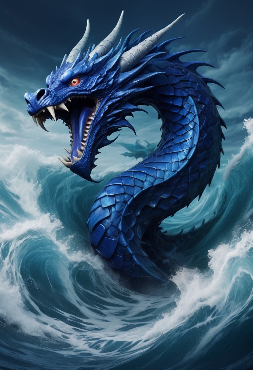 a indigo serpent dragon coming out of the deeps of the sea.