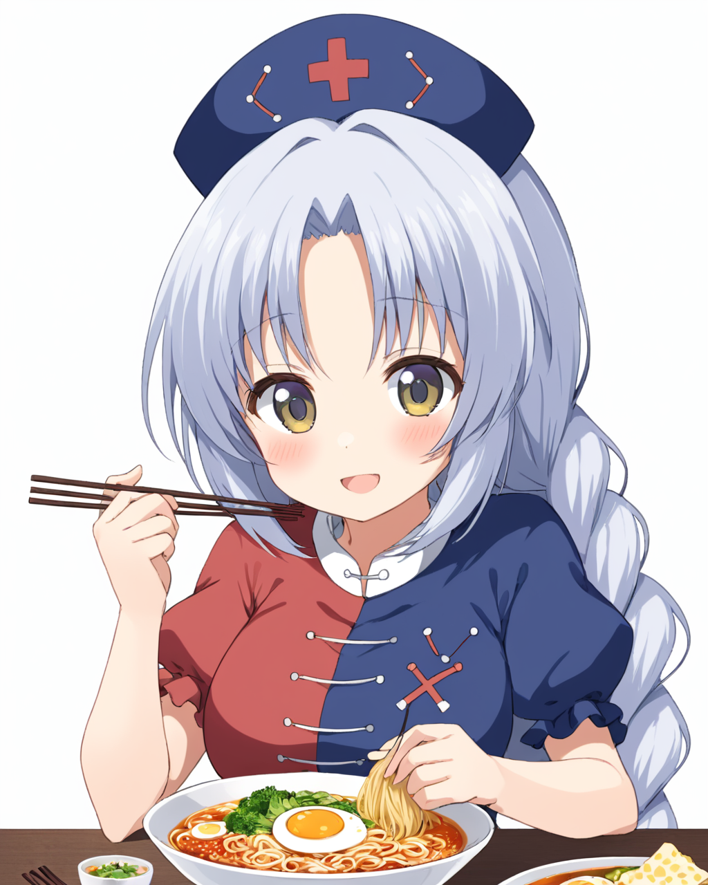 yagokoro eirin,1girl, solo, nurse_cap, bowl, ramen, blush, braid, open_mouth, egg, short_sleeves, smile, cross, white_background, simple_background, puffy_sleeves, dress, eating, holding_chopsticks, medium_breasts, upper_body
<lora:yagokoro_eirin_image2417_2023-12-20-000010:1>,star-shaped_pupils,symbol-shaped_pupils,. gorgeous,key visual, vibrant, studio anime,award-winning, professional, highly detailed,high budget, cinemascope