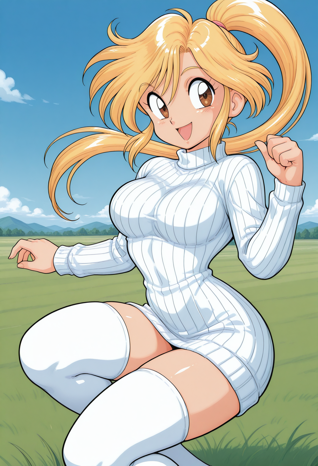 sagiri, retro artstyle, 1990s \(style\), brown eyes, blonde hair, long hair, ponytail, sweater dress, ribbed sweater, white sweater, turtleneck, long sleeves, white thighhighs, zettai ryouiki, <lora:sagiri_illustrious_ver2:0.8>
smile,open mouth,, masterpiece, best quality, sensitive,, 1girl, solo, blue sky, (grasslands:1.2), looking at viewer,, (dynamic pose:1.4), (upside-down:-1),