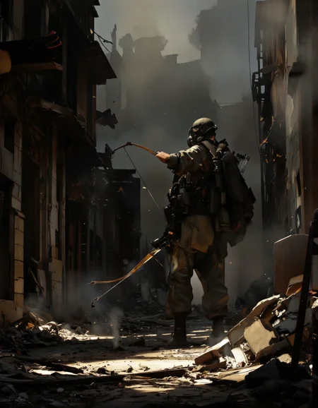 Art by Richard Anderson. A photo-realistic shoot from a low angle about a soldier in a post-apocalyptic setting, wearing a gas mask and holding a bow and arrow, in the middle of the image. the scene is set in a ruined city, with a dark, smoky atmosphere and debris scattered on the ground. the soldier is positioned in the center of the frame, facing away from the viewer, and appears to be in the midst of a battle. he is wearing a full-body suit and a helmet, and is holding a long, curved bow in his right hand. the background is filled with charred buildings and debris, and the lighting is dramatic, casting shadows and highlights on the soldier's figure. the overall mood is intense and intense, with the focus on the character's dynamic pose and the destruction of the environment.
