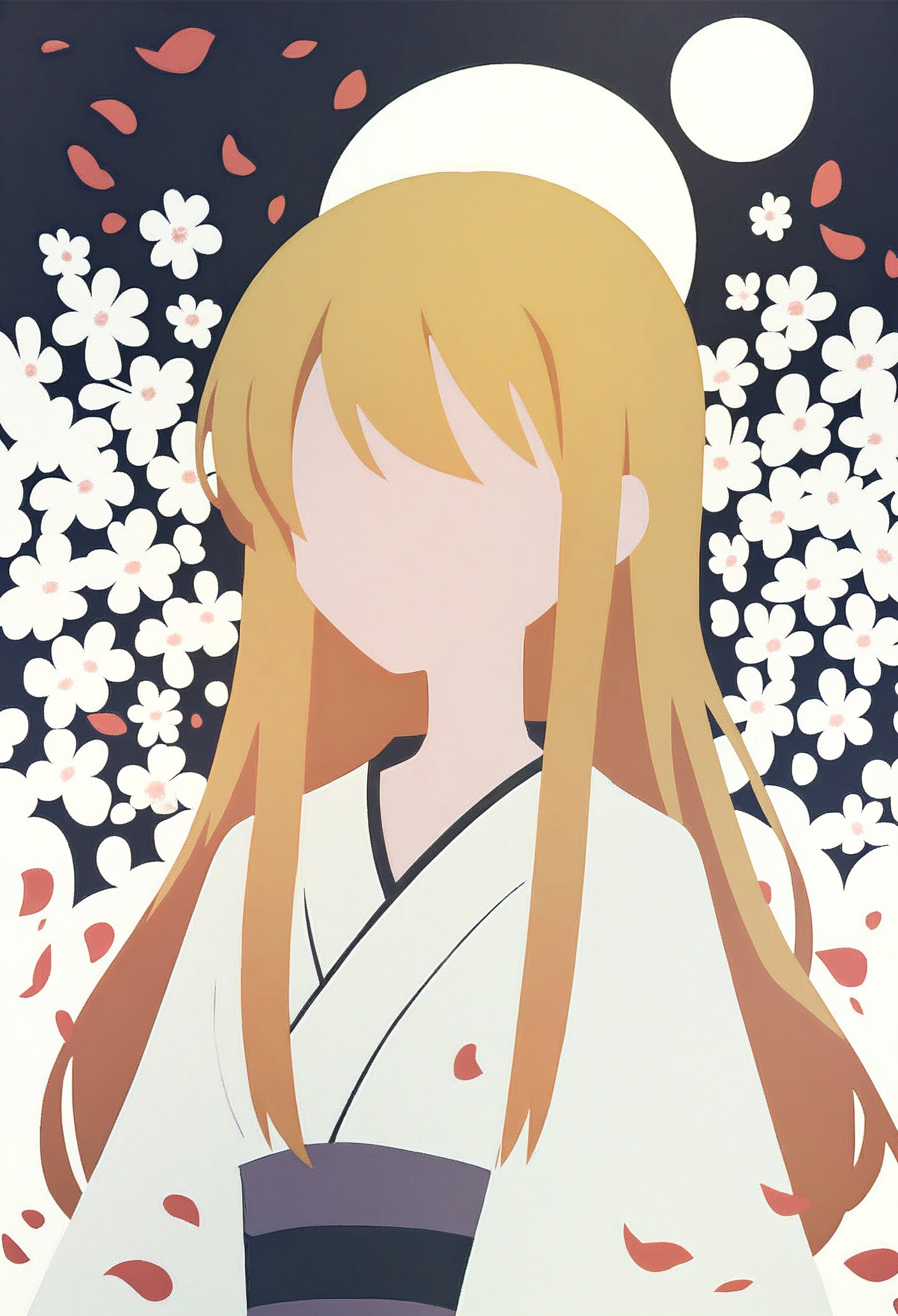 score_9, score_8_up, score_7_up,  <lora:PonyMinimalStyle:1> Minimalstyle, 1girl, simple, faceless female, beautiful, extremely detailed, vector, headshot, blonde hair, long hair, sakura petals, black and white theme, tsukuyomi, moon, white kimono