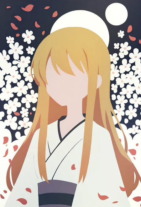 score_9, score_8_up, score_7_up, <lora:PonyMinimalStyle:1> Minimalstyle, 1girl, simple, faceless female, beautiful, extremely detailed, vector, headshot, blonde hair, long hair, sakura petals, black and white theme, tsukuyomi, moon, white kimono