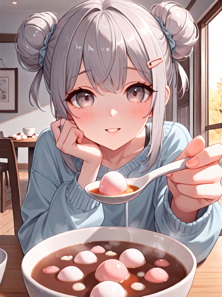 absurdres, explicit, tangyuan feeding, incoming food, blurry foreground, fisheye, pov, 1girl, shy, smile, holding spoon, hand up, sitting, soup, table, steam, steaming food, close-up, foreshortening, reaching towards viewer, double bun, grey hair, hairclip, parted lips, milf, <lora:girlliketangyuanfeeding_ilxl:0.8>
