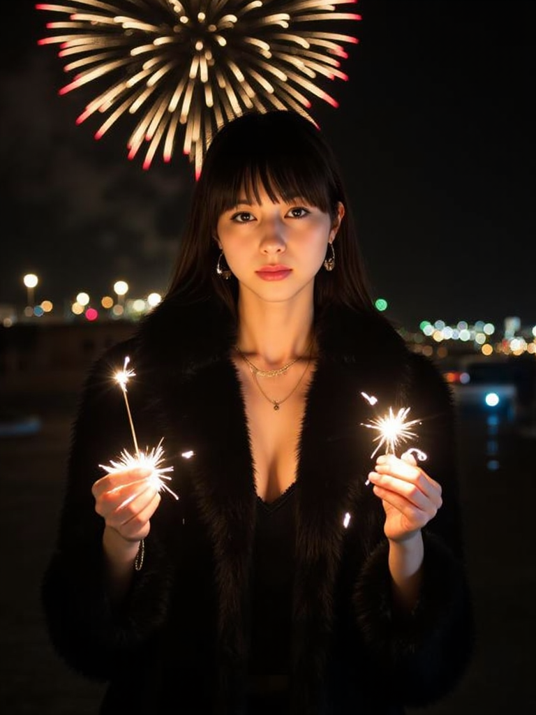 There are wonderful studio lights and various reflections,
18yo beautiful cute girl with blushing and female orgasm.skin naturally showing the texture of blood vessels and detailed pale skin,
--,
<lora:Nakajo_Ayami_f1:1>,she is Nakajo Ayami, In clear,Elle,a beautiful young woman in a black fur coat,holds a sparkler in each hand,cleavage and collarbone,it is night and behind her a beautiful firework display can be seen in the sky... aidmatextimprover,,