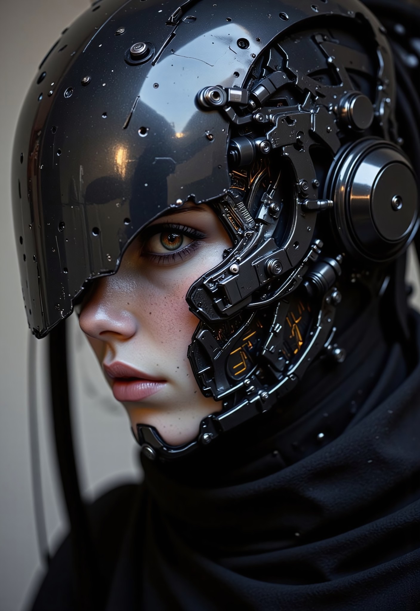 cpstyle, dystujo, The close-up reveals the terrifying face of a cyborg ninja, an intricate fusion of organic beauty and cold, mechanical perfection. Her face is framed by a sleek, polished helmet that partially covers her features, leaving only the lower half exposed. The exposed skin on her face is pale, almost ghostly, a stark contrast to the sophisticated mechanical enhancements that have replaced much of her body. Her left cheek and jawline are adorned with sharp, angular plates, seamlessly molded to her skin, their surface gleaming with a dark metallic sheen. Intricate circuit patterns snake down her neck, glowing faintly with pulses of electric energy that flicker like veins of lightning beneath the surface. The right side of her face is a chilling display of cybernetic mastery, where human flesh gives way to gleaming, polished steel and chrome. Her eye is encased in a dark, reflective visor, surrounded by a framework of sleek, geometric metal. The visor occasionally flickers with a deep amber glow, a direct connection to her augmented senses. The edges of the metal frame are adorned with fine micro-gears and minute, complex mechanisms that hum with energy, a silent reminder of the technological power running through her body. 