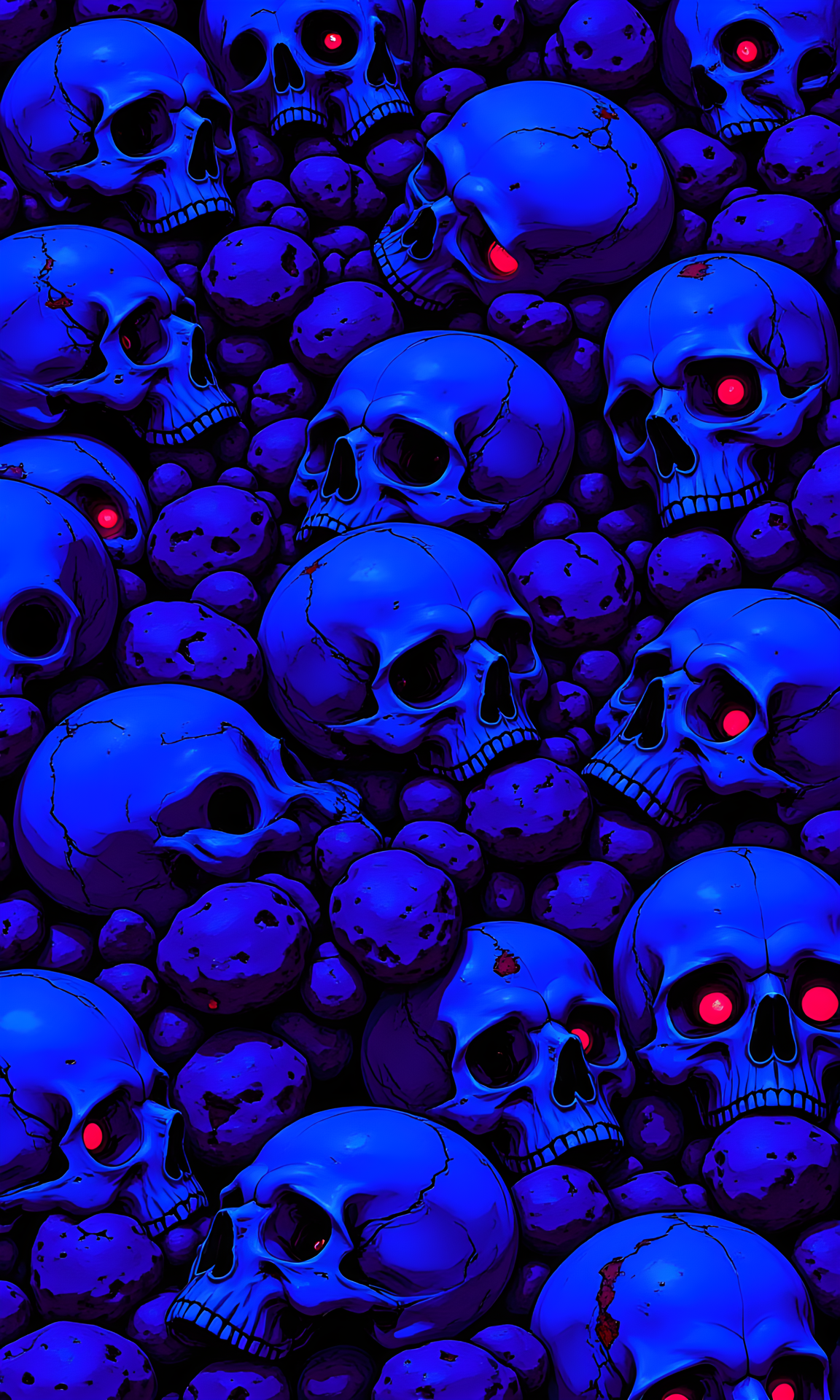 The image is a dense, chaotic arrangement of human skulls, predominantly in shades of blue and purple. The skulls are depicted with detailed features, including open mouths, visible teeth, and a mix of red and pink eyes. The background is filled with rocks, adding to the sense of chaos and decay. The overall composition creates a sense of foreboding and the afterlife.
BREAK j_art, <lora:FLUX\jul\J_Anime:1.0>, <lora:FLUX\RetroAnimeS1.1:0.0>, <lora:FLUX\GLSHS:0.0>, <lora:FLUX\Dieselpunk Delight - s0_9 g4:0.0>