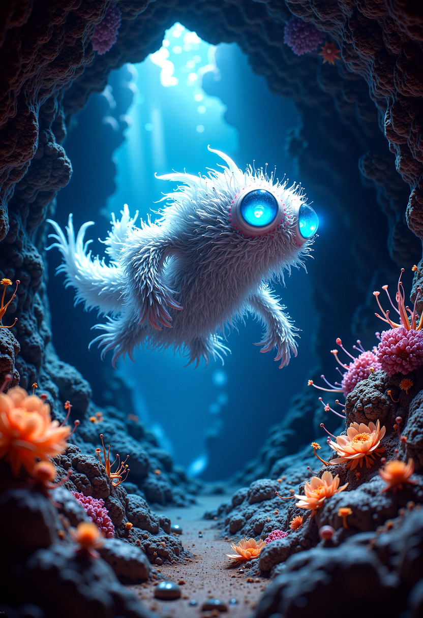 A white furry monster with bright blue eyes swims in a huge, flowery, luminous sea cave