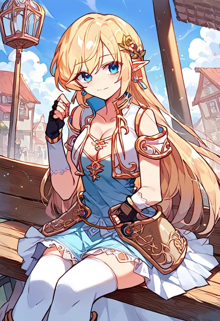 score_9,score_8_up,score_7_up,source_anime,zPDXL3,fantasy,town,wooden bench,sitting,smile,from below,
*//*,<lora:Mercedes-v1.0-000007:1>,mercedes_elf,1girl,elf,pointy ears,blonde hair,long hair,blue eyes,cleavage,medium breasts,thighhighs,dress,zettai ryouiki,armor,black gloves,fingerless gloves,hair ornament,earrings,jewelry,reef hair ornament,
*//*,looking at viewer,cowboy shot,dutch angle,